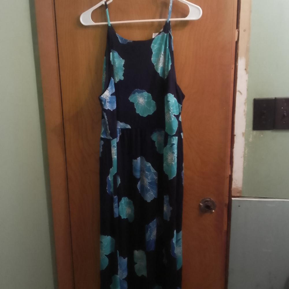 Navy Loft XL 43" Long Maxi Dress with Teal Floral Print